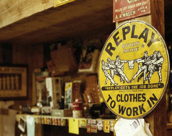 Replay gets the job done — distressed metal plaque at the Replay Country Store, Milan, 1991.