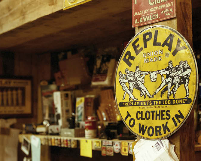 Replay gets the job done — distressed metal plaque at the Replay Country Store, Milan, 1991.