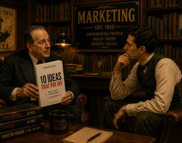 Illustration of an imaginary conversation between Al Ries and Gianluca Piroli in a vintage marketing library, discussing positioning, branding, and the book 10 Ideas That Pay Off.