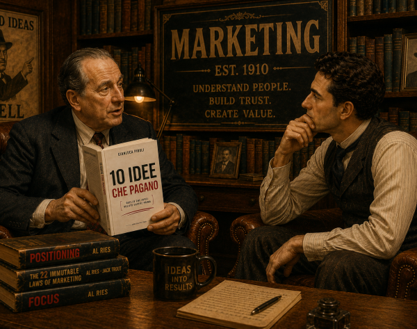 Al Ries e Gianluca Piroli seduti in una biblioteca d'epoca mentre discutono di marketing e posizionamento, con il libro 10 Idee che Pagano tra le mani.