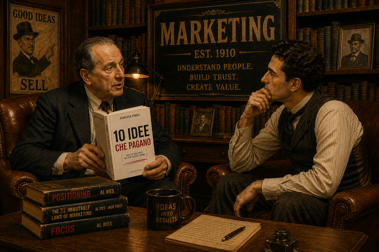 Al Ries e Gianluca Piroli seduti in una biblioteca d'epoca mentre discutono di marketing e posizionamento, con il libro 10 Idee che Pagano tra le mani.